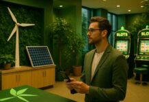 Wie umweltfreundliche Casinos bewusste Spieler überzeugen Modernes Casino mit grüner Einrichtung, Pflanzen, Solarpanel, Windturbine und Slotmaschinen im Hintergrund.