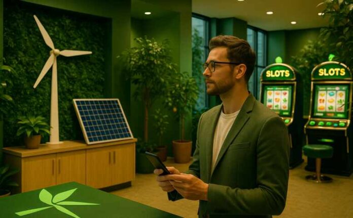 Eco-Casino mit nachhaltigem Design Modernes Casino mit grüner Einrichtung, Pflanzen, Solarpanel, Windturbine und Slotmaschinen im Hintergrund.
